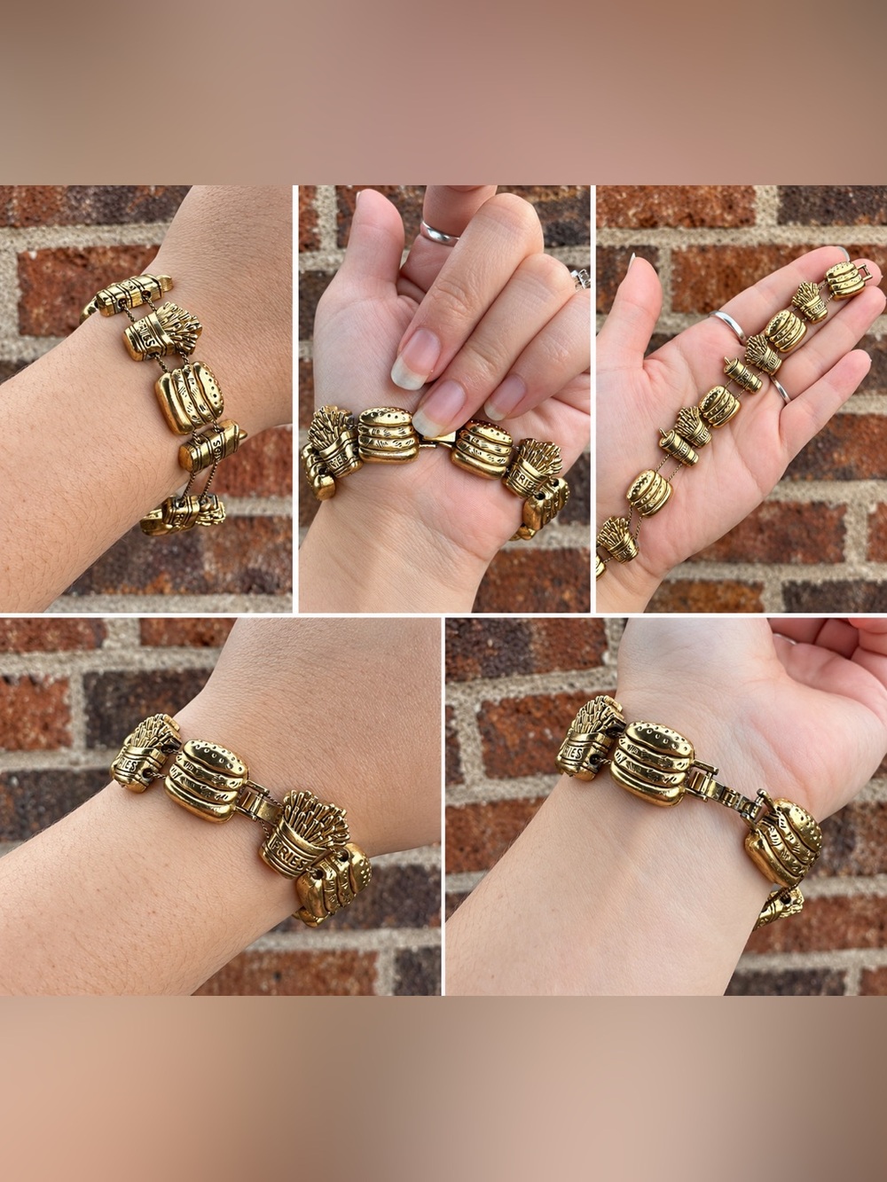 Vintage Gold Fast Food Charm Bracelet